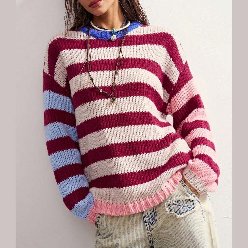 Cream Burgundy Striped Colorblock Chunky Knit Oversized Sweater